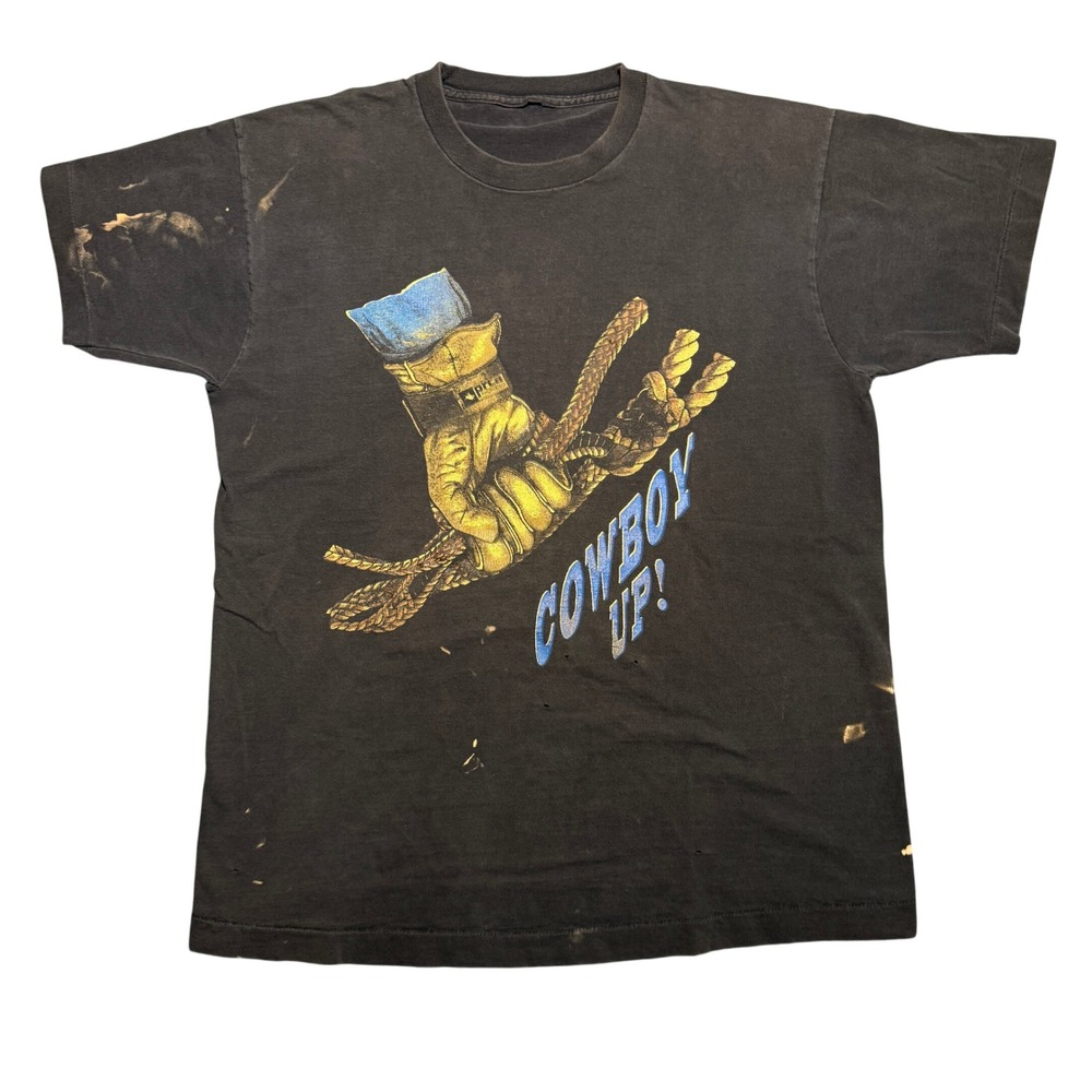 Vintage 90s Cowboy Up T-Shirt Black Distressed Large